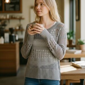 Aeropostale Women's XS Knit Gray Sweater Intricate Open-knit Crochet Design